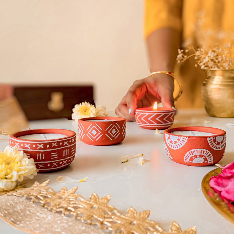 Hand painted Terracotta Soy wax mini candles- Rainbow Design